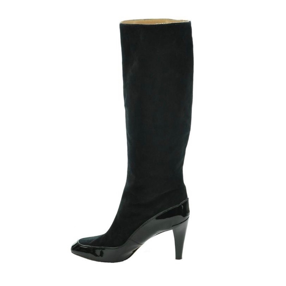 Diane Von Furstenberg Black Suede and Patent Leather Knee Boots